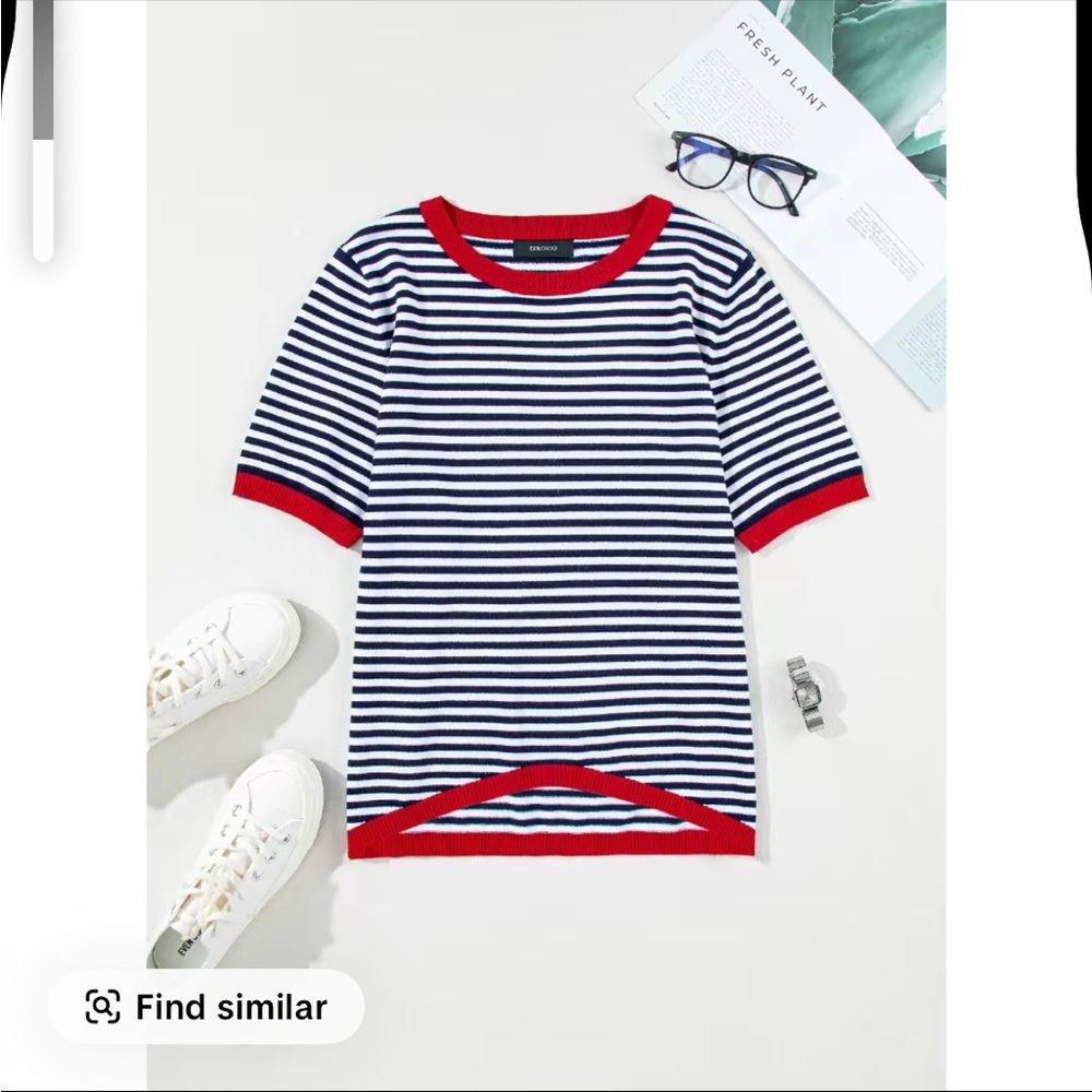 Nautical Striped Short Sleeve Top with Red Trim - Picture 6 of 9